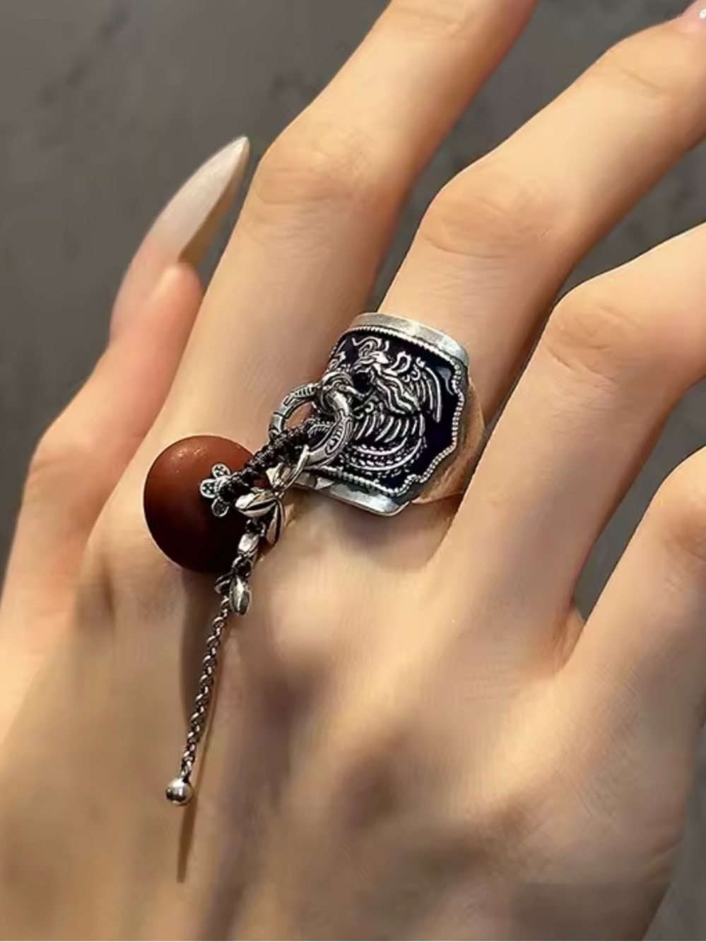 Brown Bead and Silver Leaf Charm Ring — Adjustable  Fashion Ring